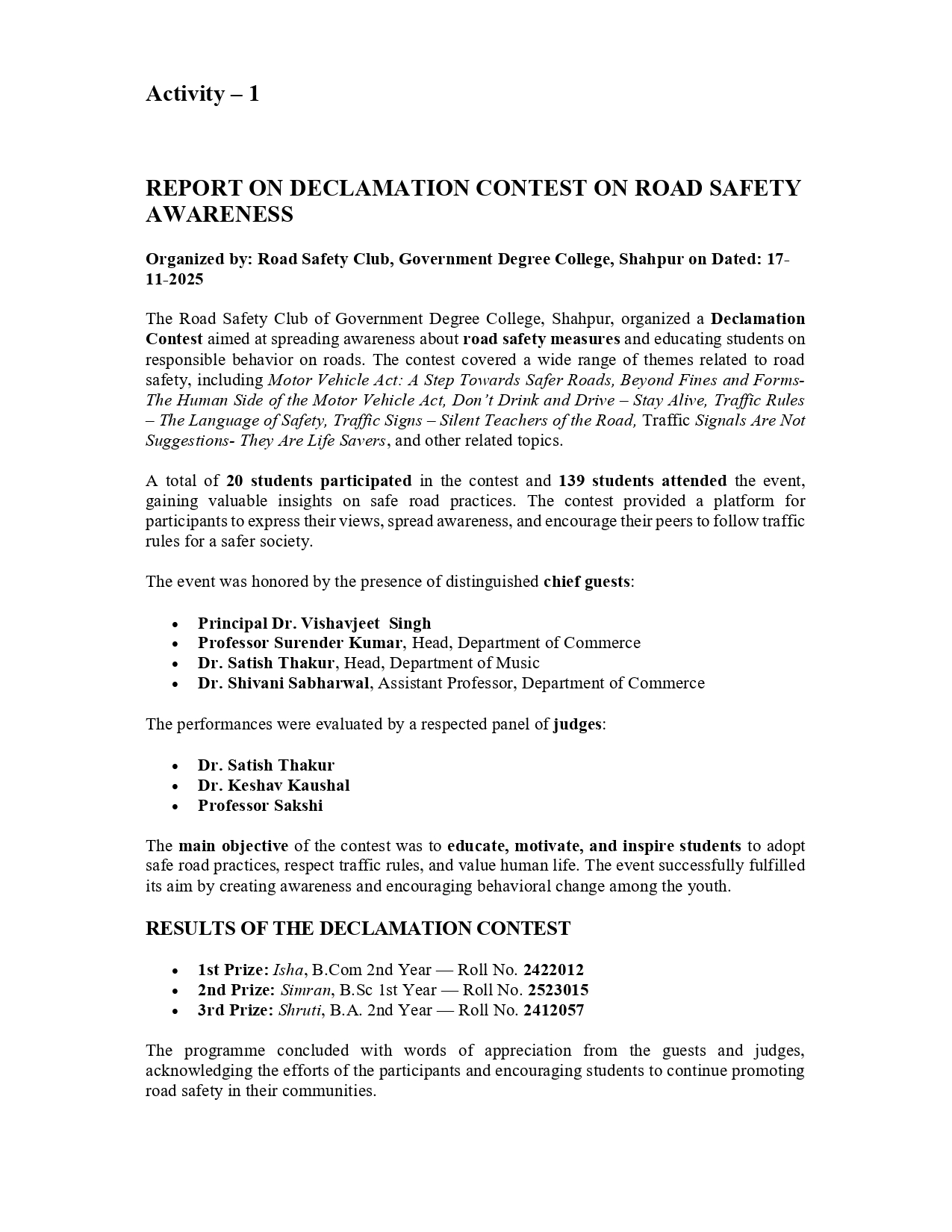 DECLAMATION CONTEST ON ROAD SAFETY AWARENESS ON DATED 17-11-2025